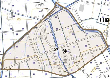 沖とその周辺の地図。町の範囲を重ねている