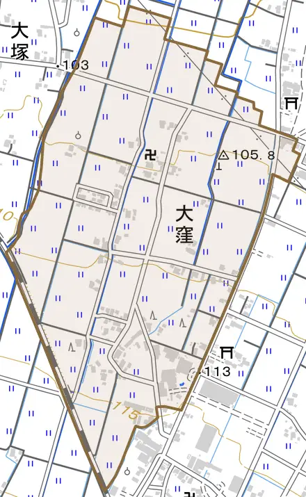 大窪とその周辺の地図。町の範囲を重ねている