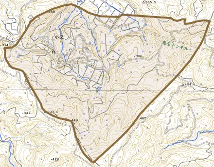 小又とその周辺の地図。町の範囲を重ねている