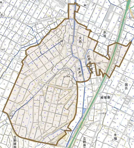 大西とその周辺の地図。町の範囲を重ねている