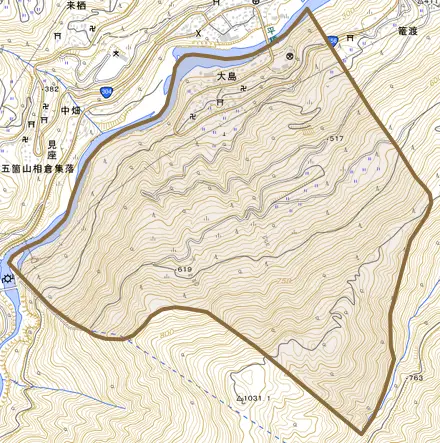 大島とその周辺の地図。町の範囲を重ねている