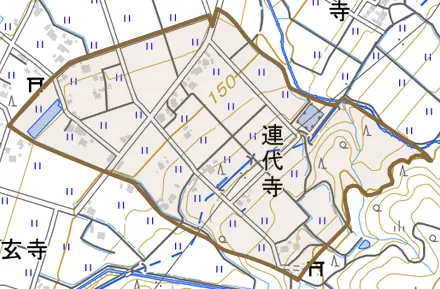 連代寺とその周辺の地図。町の範囲を重ねている