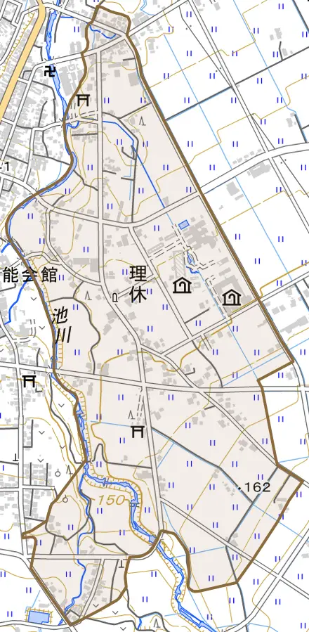 理休とその周辺の地図。町の範囲を重ねている