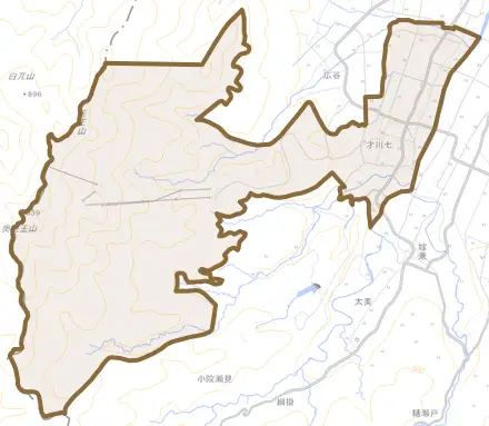 才川七とその周辺の地図。町の範囲を重ねている