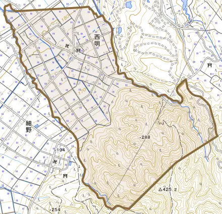 西明とその周辺の地図。町の範囲を重ねている