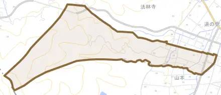 坂本とその周辺の地図。町の範囲を重ねている