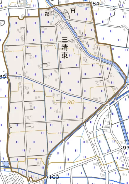 三清東とその周辺の地図。町の範囲を重ねている