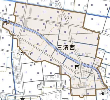 三清西とその周辺の地図。町の範囲を重ねている