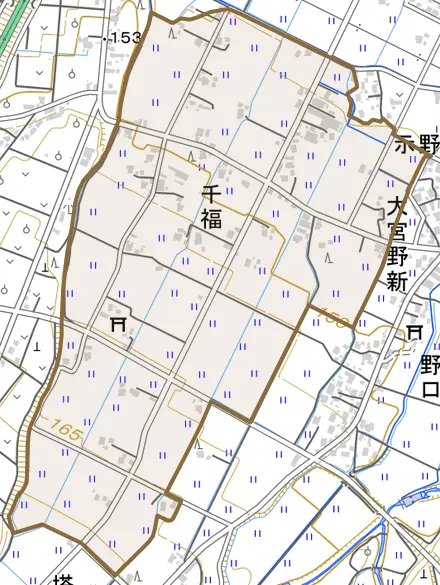 千福とその周辺の地図。町の範囲を重ねている