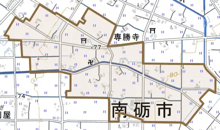 専勝寺とその周辺の地図。町の範囲を重ねている