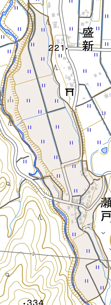 瀬戸とその周辺の地図。町の範囲を重ねている