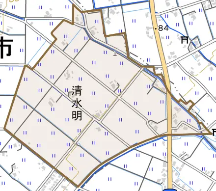 清水明とその周辺の地図。町の範囲を重ねている