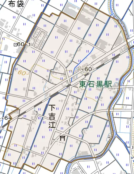 下吉江とその周辺の地図。町の範囲を重ねている