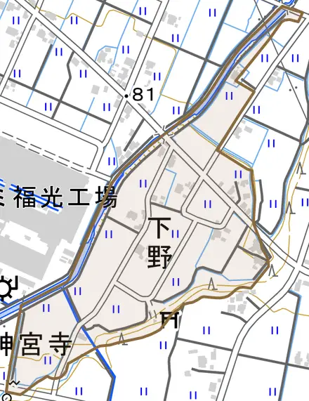 下野とその周辺の地図。町の範囲を重ねている