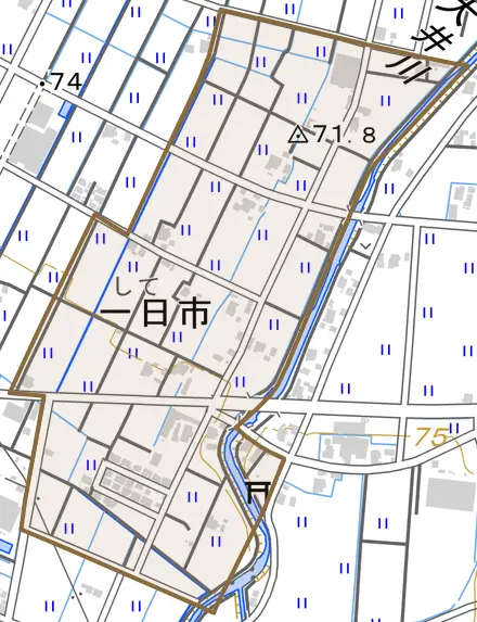 一日市とその周辺の地図。町の範囲を重ねている