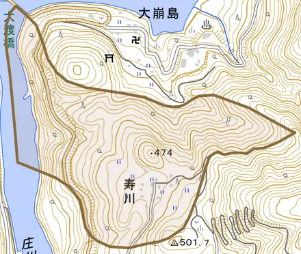 寿川とその周辺の地図。町の範囲を重ねている