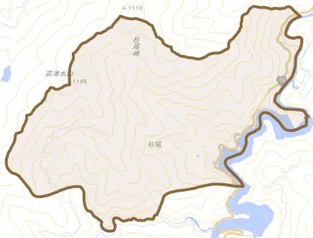 杉尾とその周辺の地図。町の範囲を重ねている