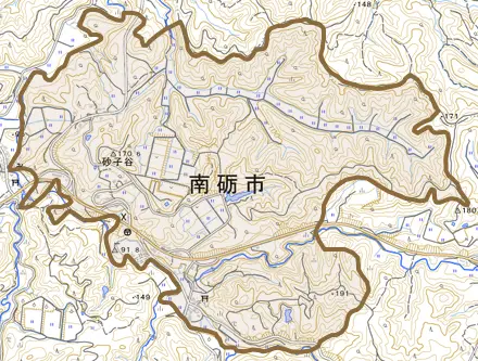 砂子谷とその周辺の地図。町の範囲を重ねている