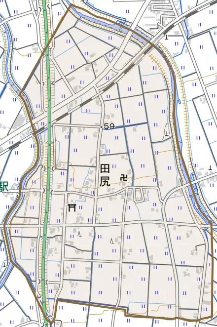 田尻とその周辺の地図。町の範囲を重ねている