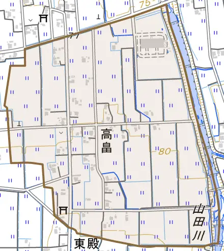 高畠とその周辺の地図。町の範囲を重ねている