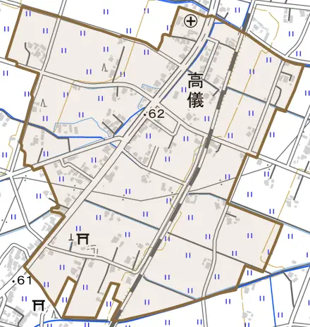 高儀とその周辺の地図。町の範囲を重ねている