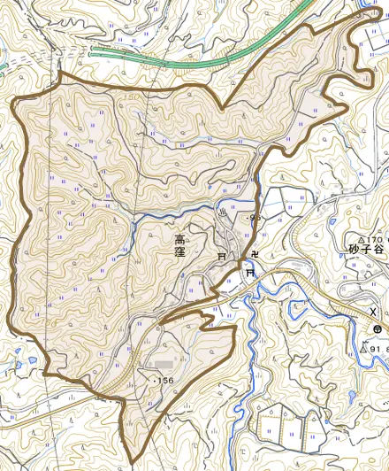 高窪とその周辺の地図。町の範囲を重ねている