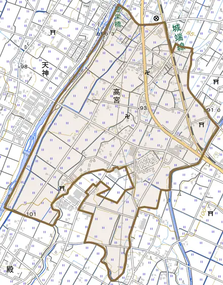 高宮とその周辺の地図。町の範囲を重ねている