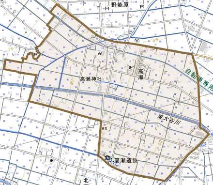 高瀬とその周辺の地図。町の範囲を重ねている