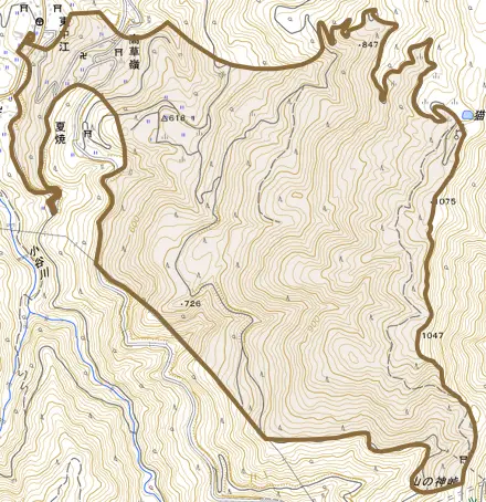 高草嶺とその周辺の地図。町の範囲を重ねている