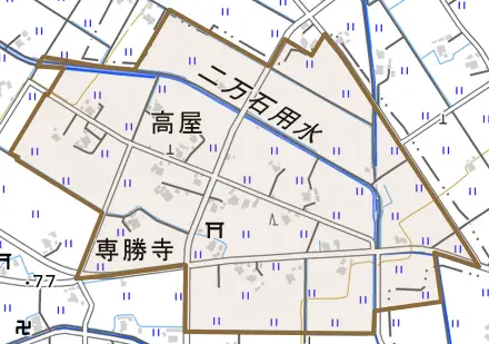 高屋とその周辺の地図。町の範囲を重ねている