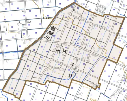 竹内とその周辺の地図。町の範囲を重ねている