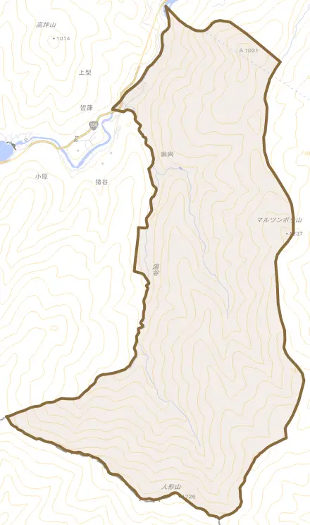 田向とその周辺の地図。町の範囲を重ねている