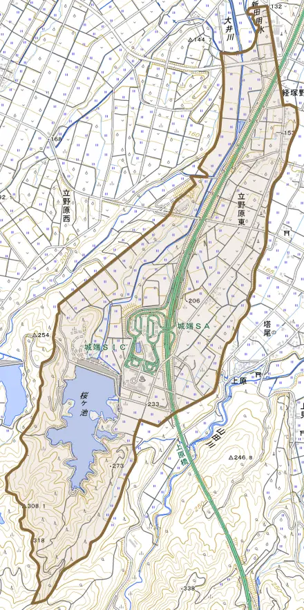 立野原東とその周辺の地図。町の範囲を重ねている