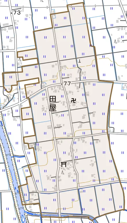 田屋とその周辺の地図。町の範囲を重ねている