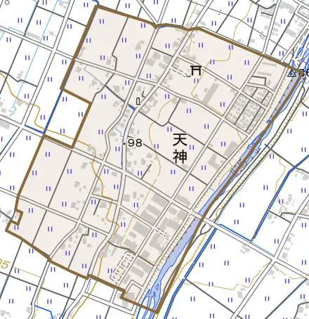 天神とその周辺の地図。町の範囲を重ねている