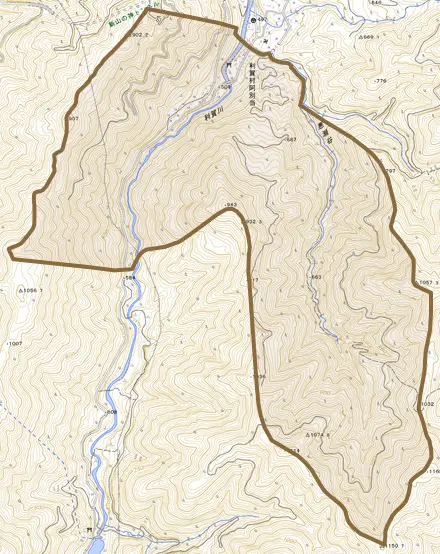 利賀村阿別当とその周辺の地図。町の範囲を重ねている