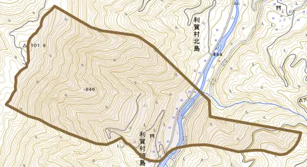 利賀村細島とその周辺の地図。町の範囲を重ねている