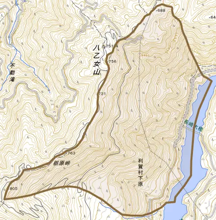 利賀村下原とその周辺の地図。町の範囲を重ねている