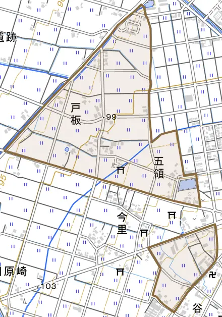 戸板とその周辺の地図。町の範囲を重ねている