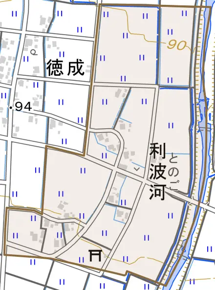 利波河とその周辺の地図。町の範囲を重ねている