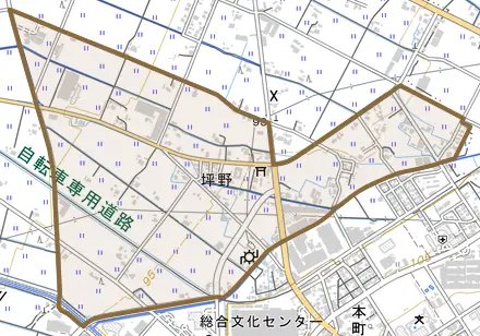 坪野とその周辺の地図。町の範囲を重ねている