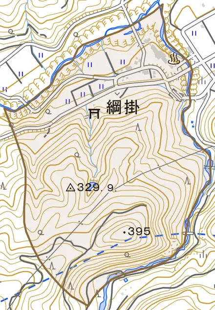綱掛とその周辺の地図。町の範囲を重ねている