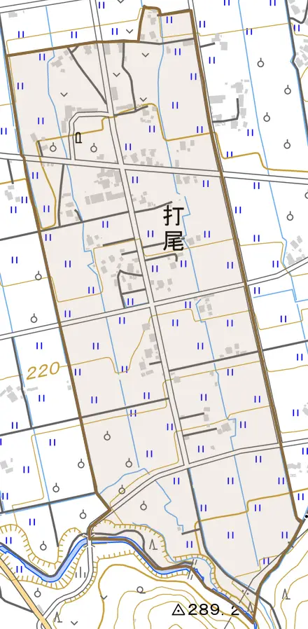 打尾とその周辺の地図。町の範囲を重ねている