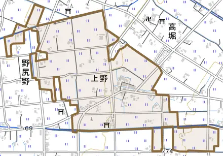 上野とその周辺の地図。町の範囲を重ねている