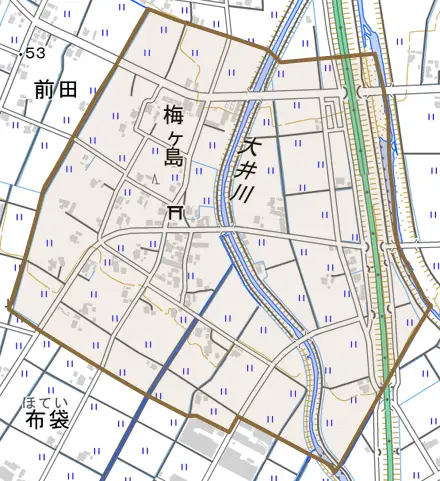 梅ケ島とその周辺の地図。町の範囲を重ねている
