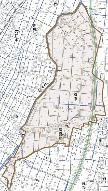 梅原とその周辺の地図。町の範囲を重ねている