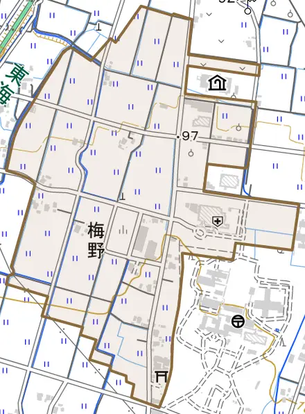 梅野とその周辺の地図。町の範囲を重ねている