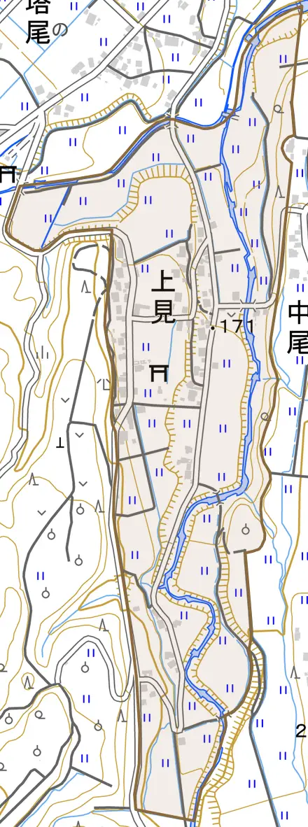 上見とその周辺の地図。町の範囲を重ねている