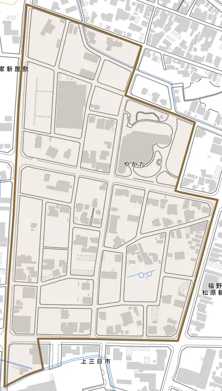 やかたとその周辺の地図。町の範囲を重ねている