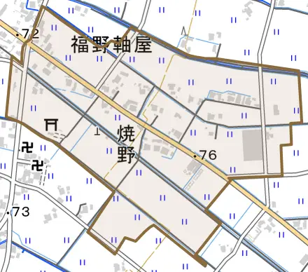 焼野とその周辺の地図。町の範囲を重ねている